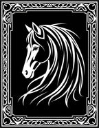 Black White Horse Head Adorned Border Rug