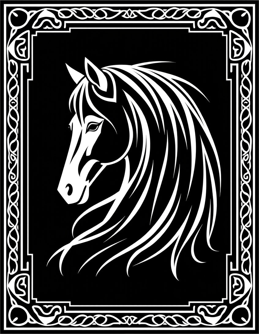 Black White Horse Head Adorned Border Rug