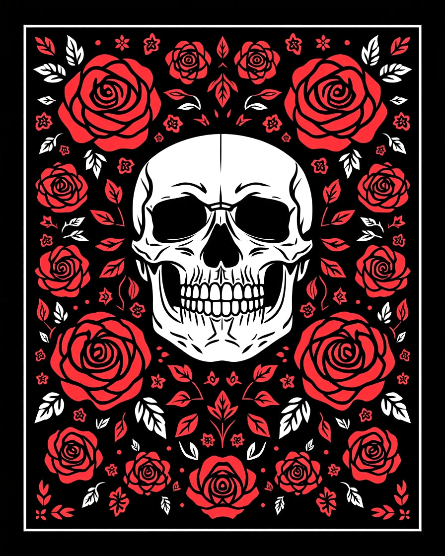 Bold Red Skull Rose Garland Rug