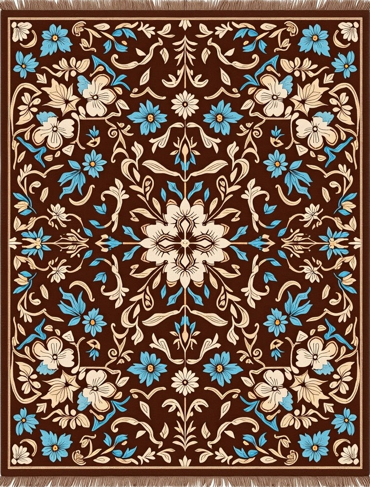 Brown Cream Blue Floral Medallion Rug