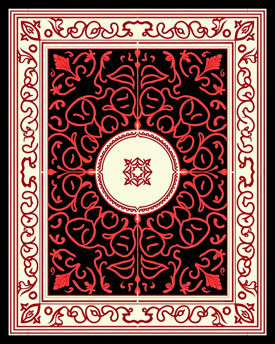 Crimson Black Floral Scroll Medallion Rug