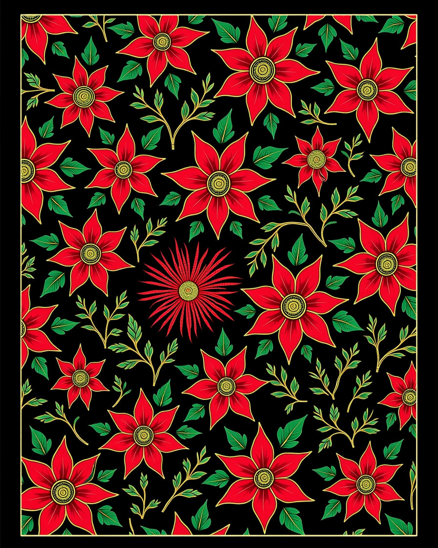 Vibrant Red Floral Garden Black Rug
