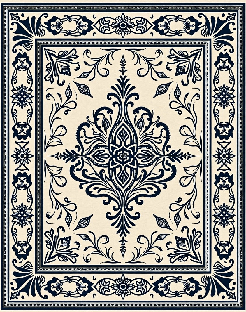 Cream Navy Floral Scroll Medallion Rug