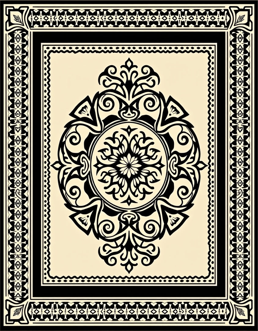 Cream Black Floral Medallion Border Rug