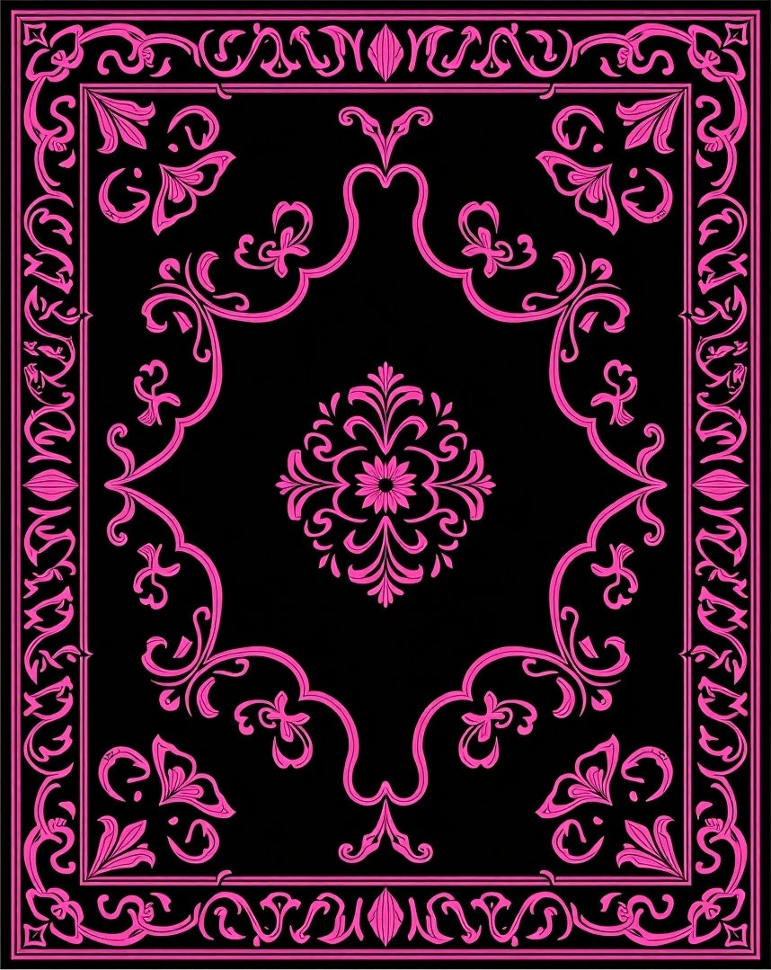 Fuchsia Black Ornate Floral Medallion Rug