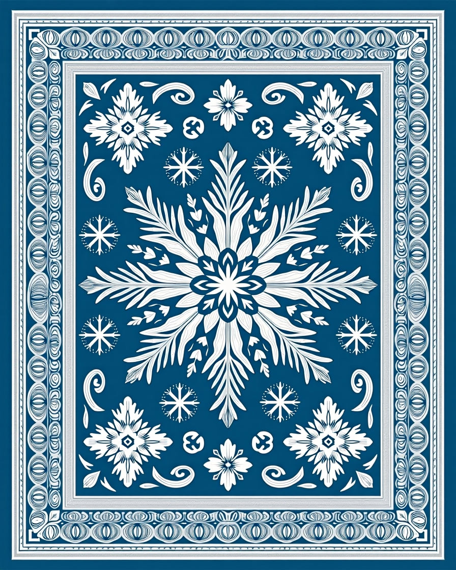 Deep Blue White Snowflake Floral Medallion Rug