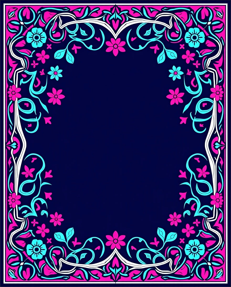 Vibrant Pink Teal Floral Frame Rug