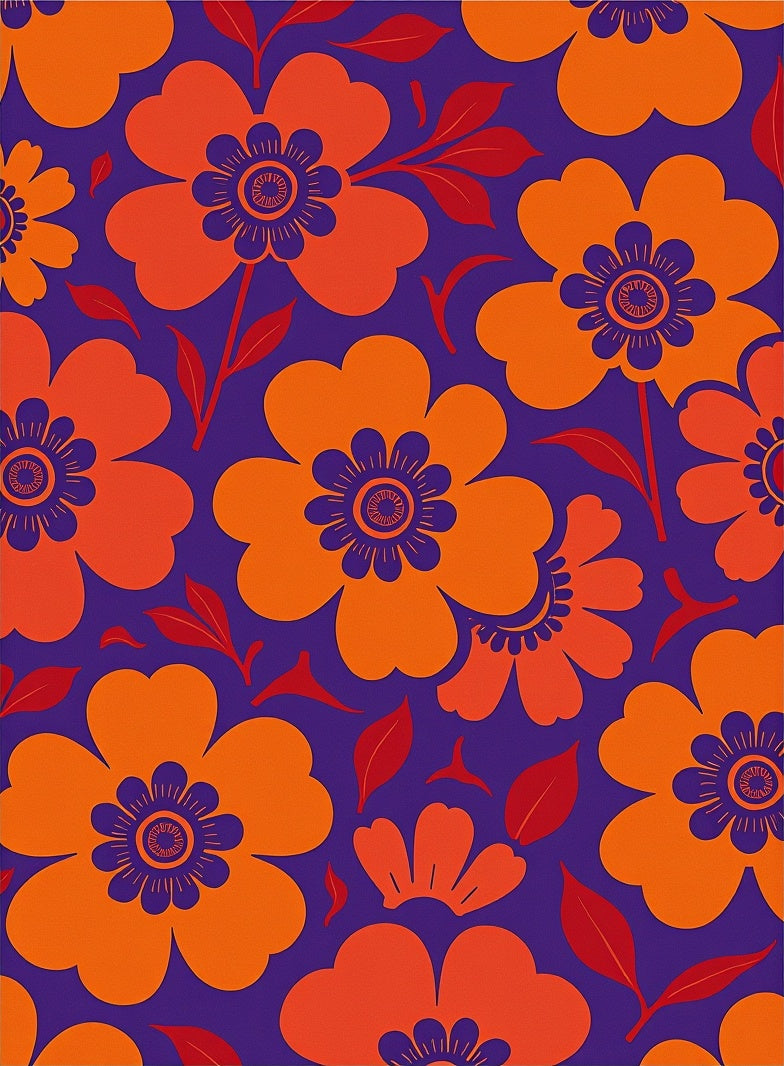 Bold Orange Floral Swirls on Deep Purple Rug