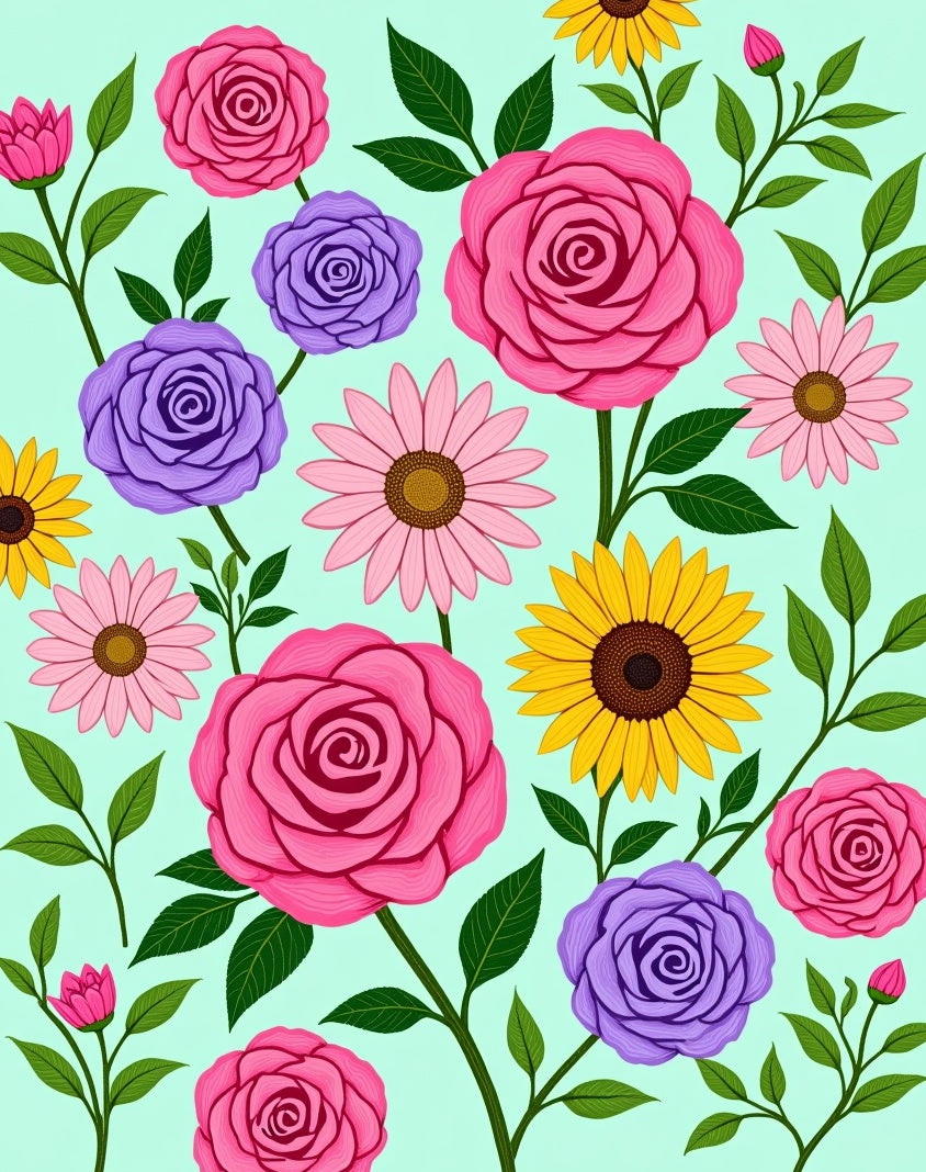 Bright Pink Roses Purple Floral Meadow Rug