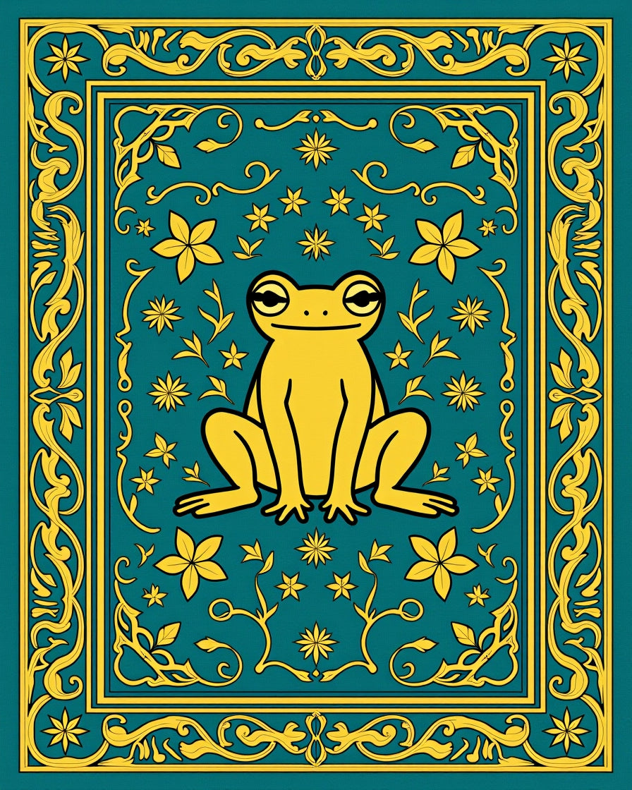 Yellow Frog Teal Floral Border Rug