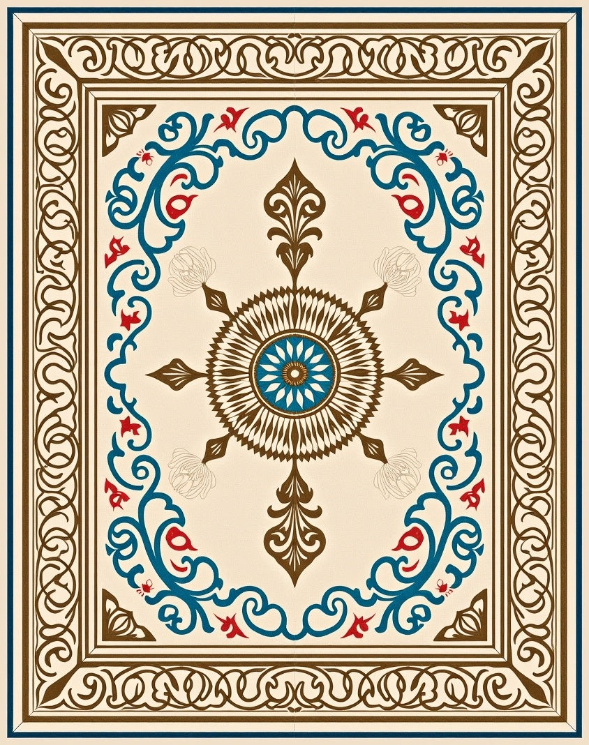 Cream Brown Blue Red Floral Medallion Rug