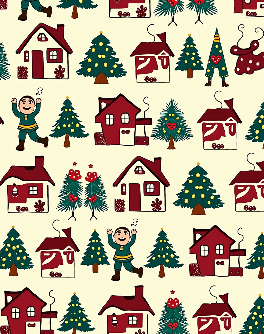 Festive Red Christmas Village Scene Rug