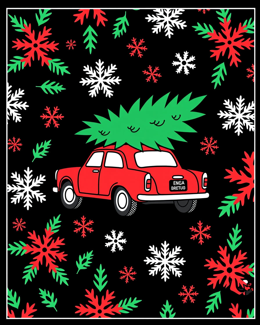 Red Car Snowflakes Christmas Tree Rug