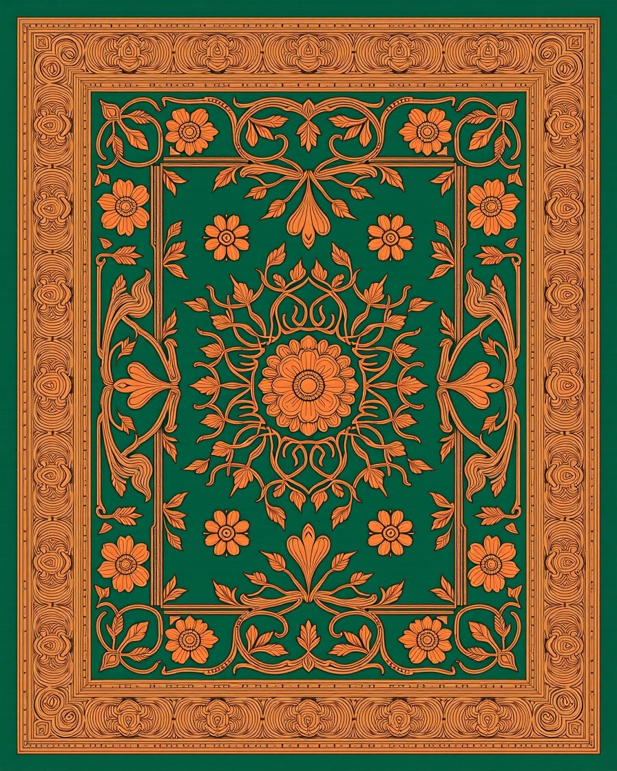 Emerald Green Floral Scroll Medallion Rug