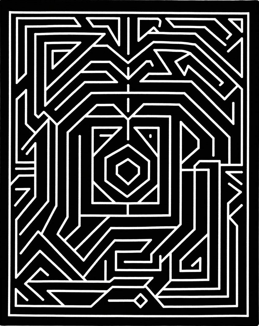 Black White Geometric Maze Lines Rug