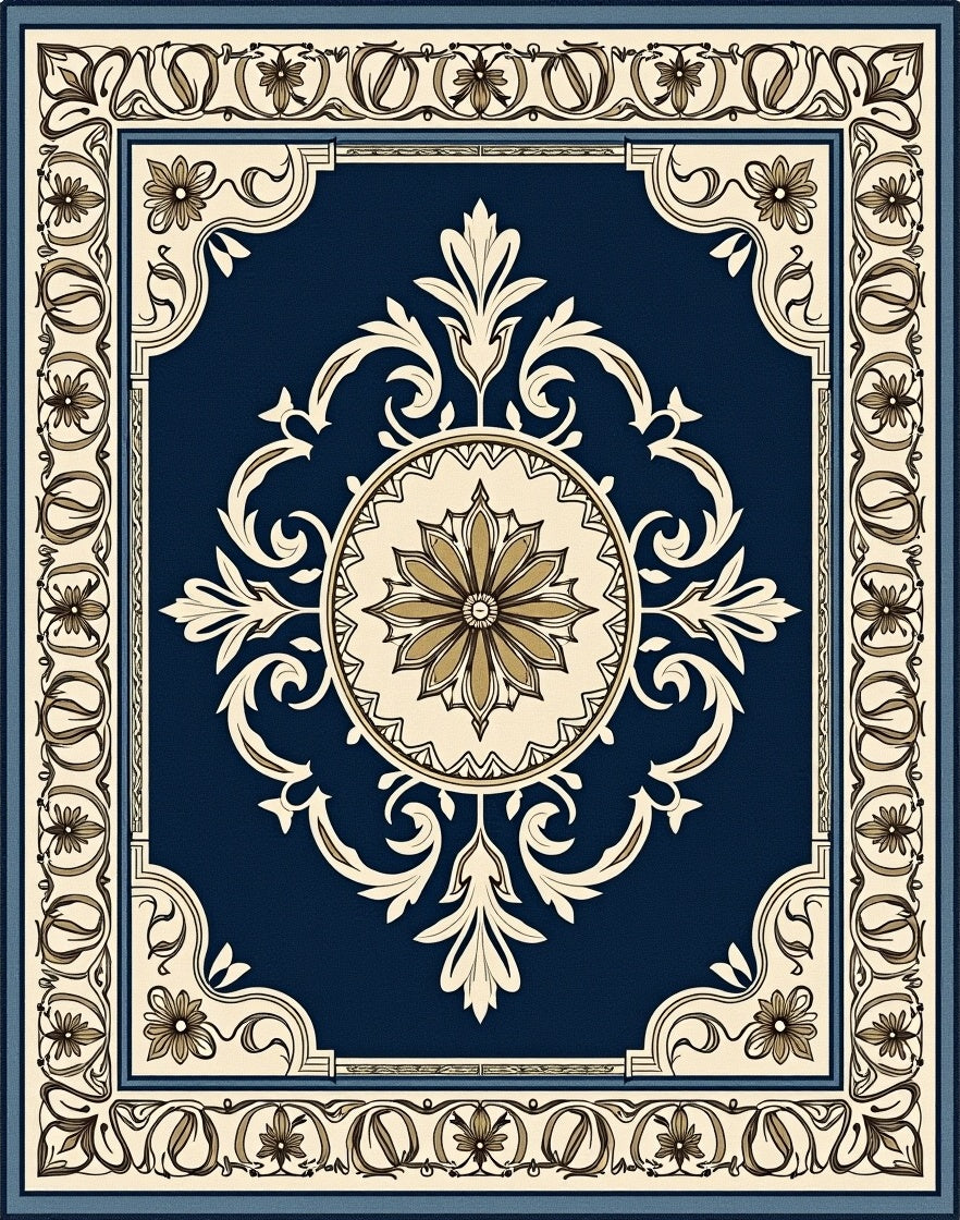 Vibrant Navy Floral Medallion Border Rug