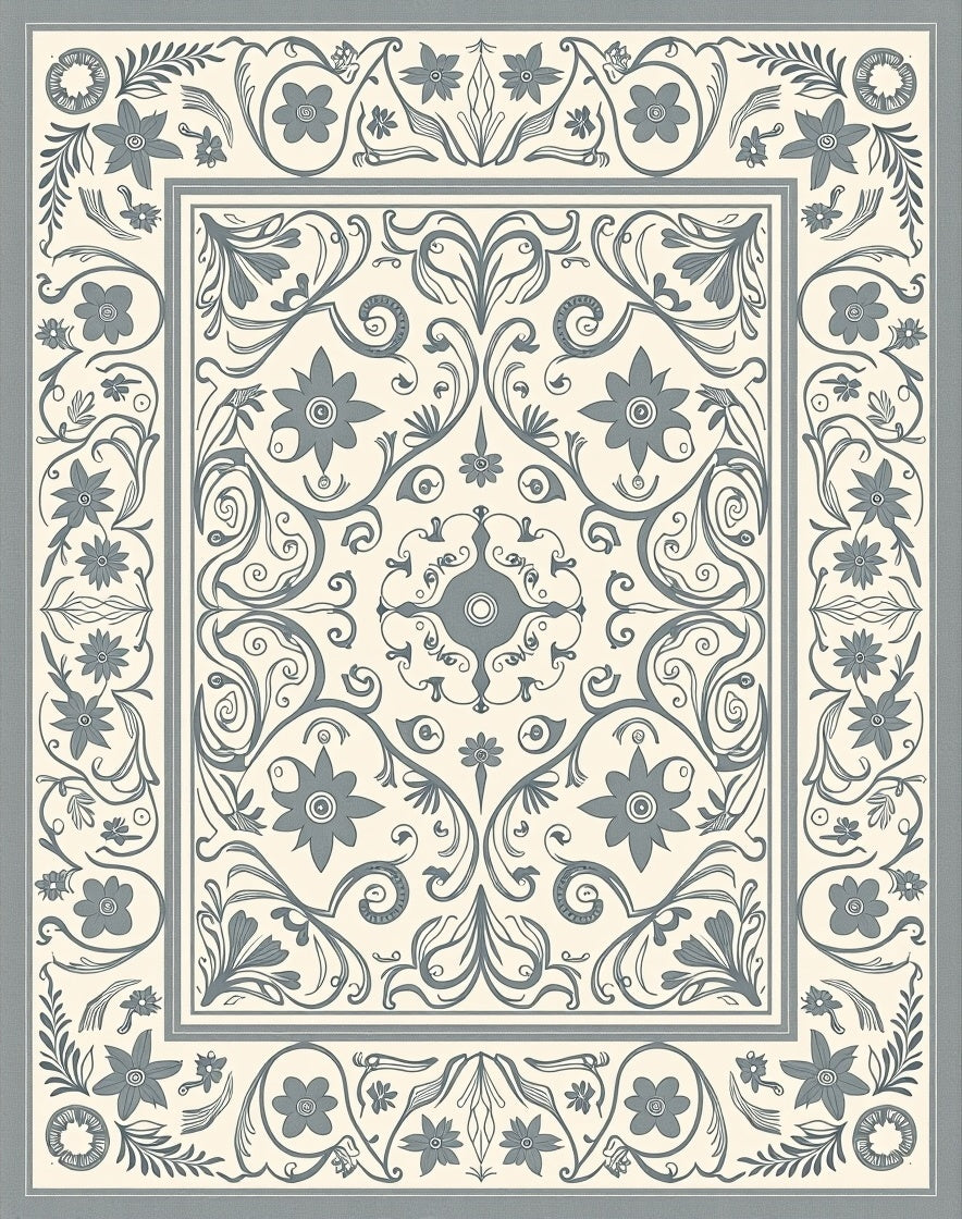 Cream Gray Floral Medallion Scrollwork Rug