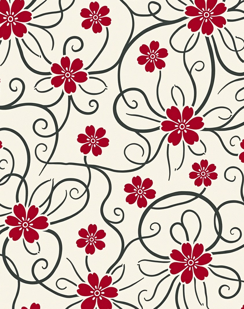 Red Blooming Vines Swirl Rug