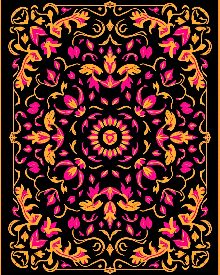 Vibrant Pink Gold Floral Scroll Rug