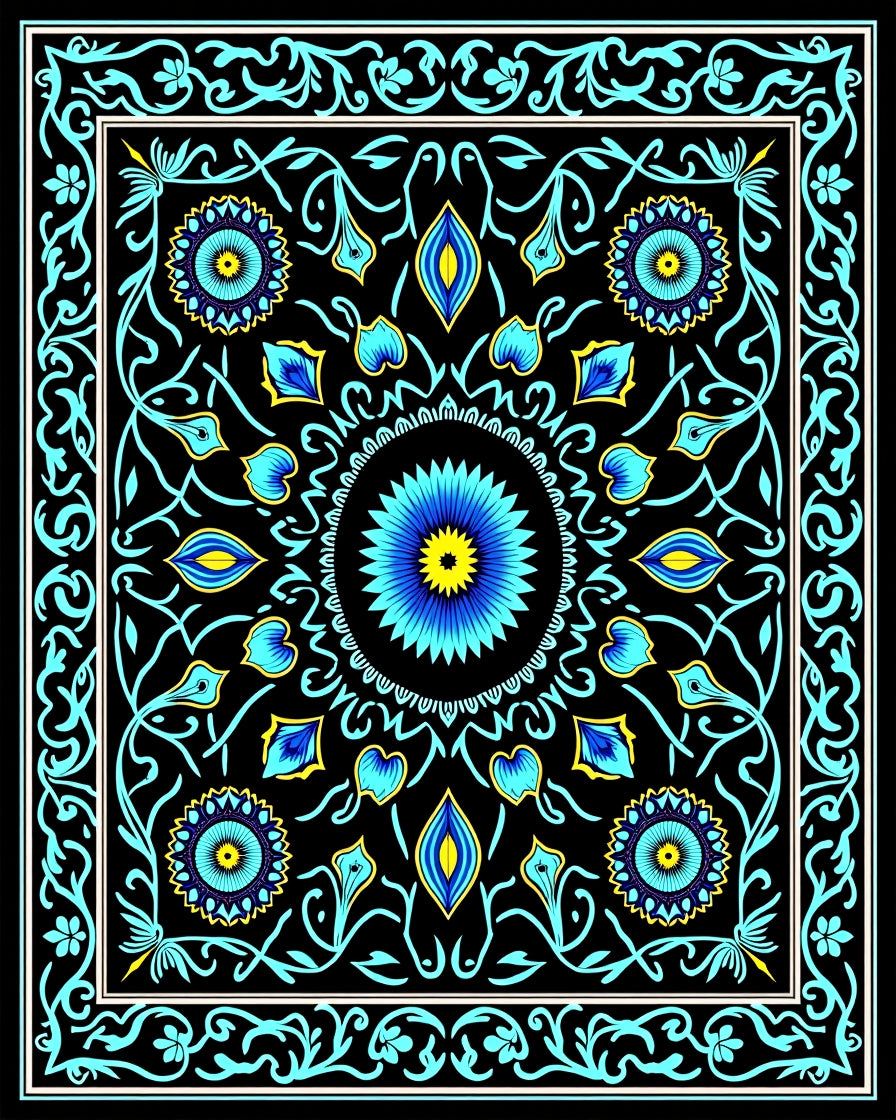 Black Blue Yellow Floral Medallion Rug