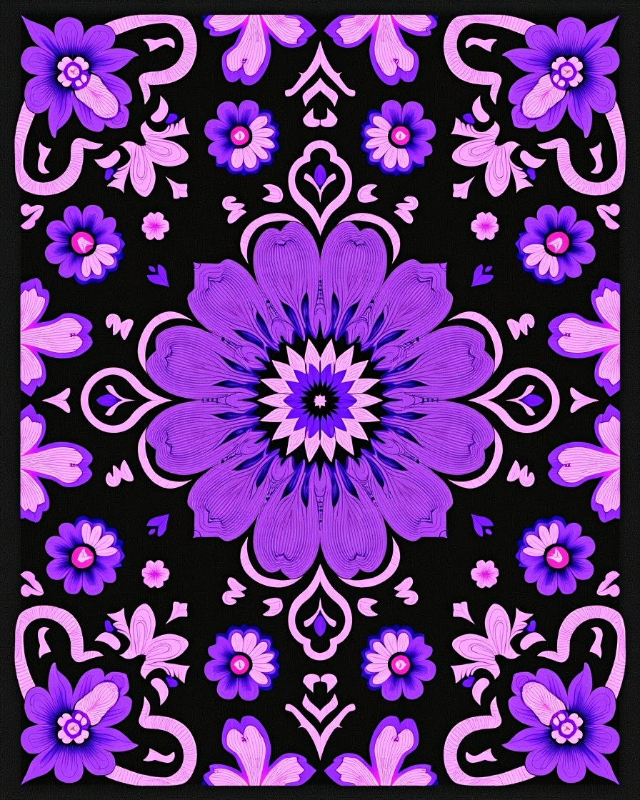 Vibrant Purple Floral Mandala Black Rug