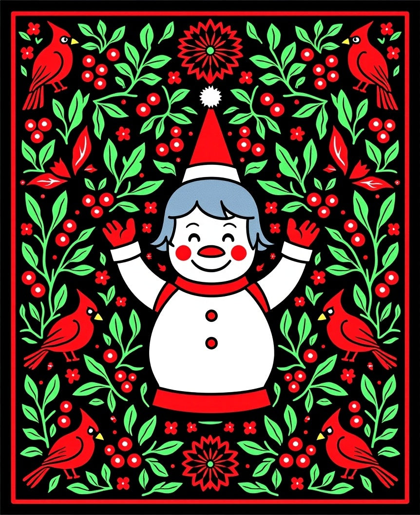 Festive Snowman Red Cardinal Floral Border Rug