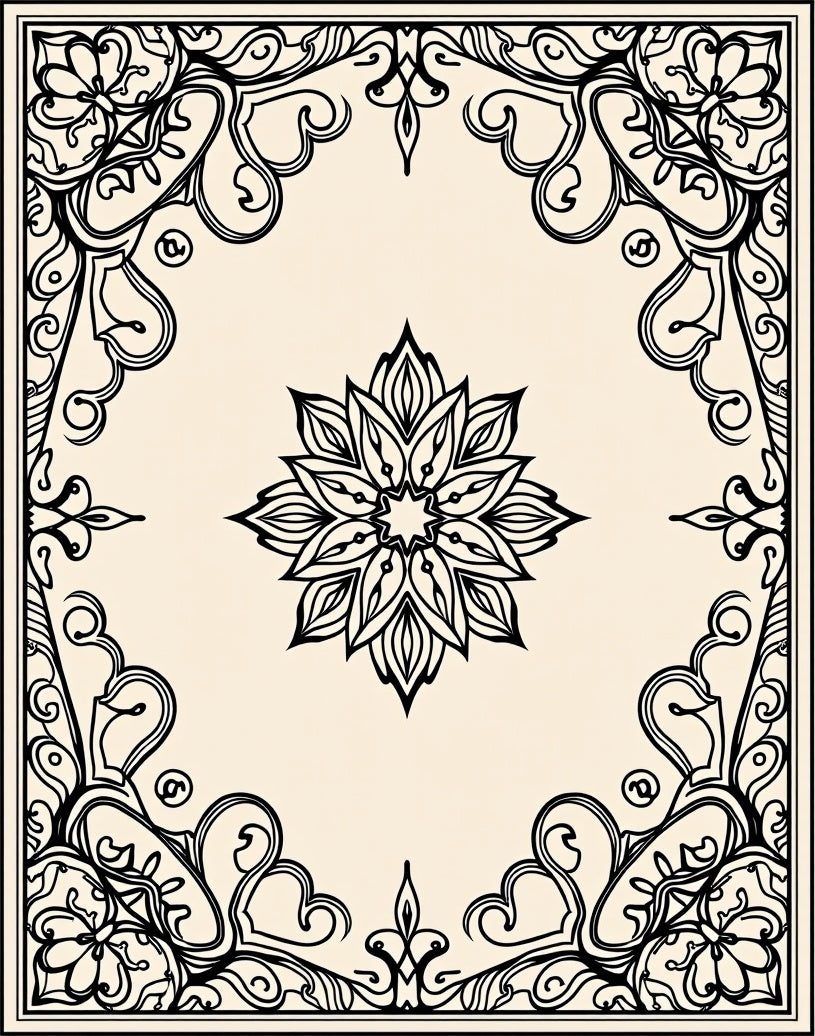 Black Floral Medallion Corner Frame Rug