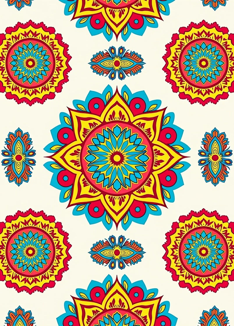 Vibrant Red Blue Yellow Mandala Medallion Rug