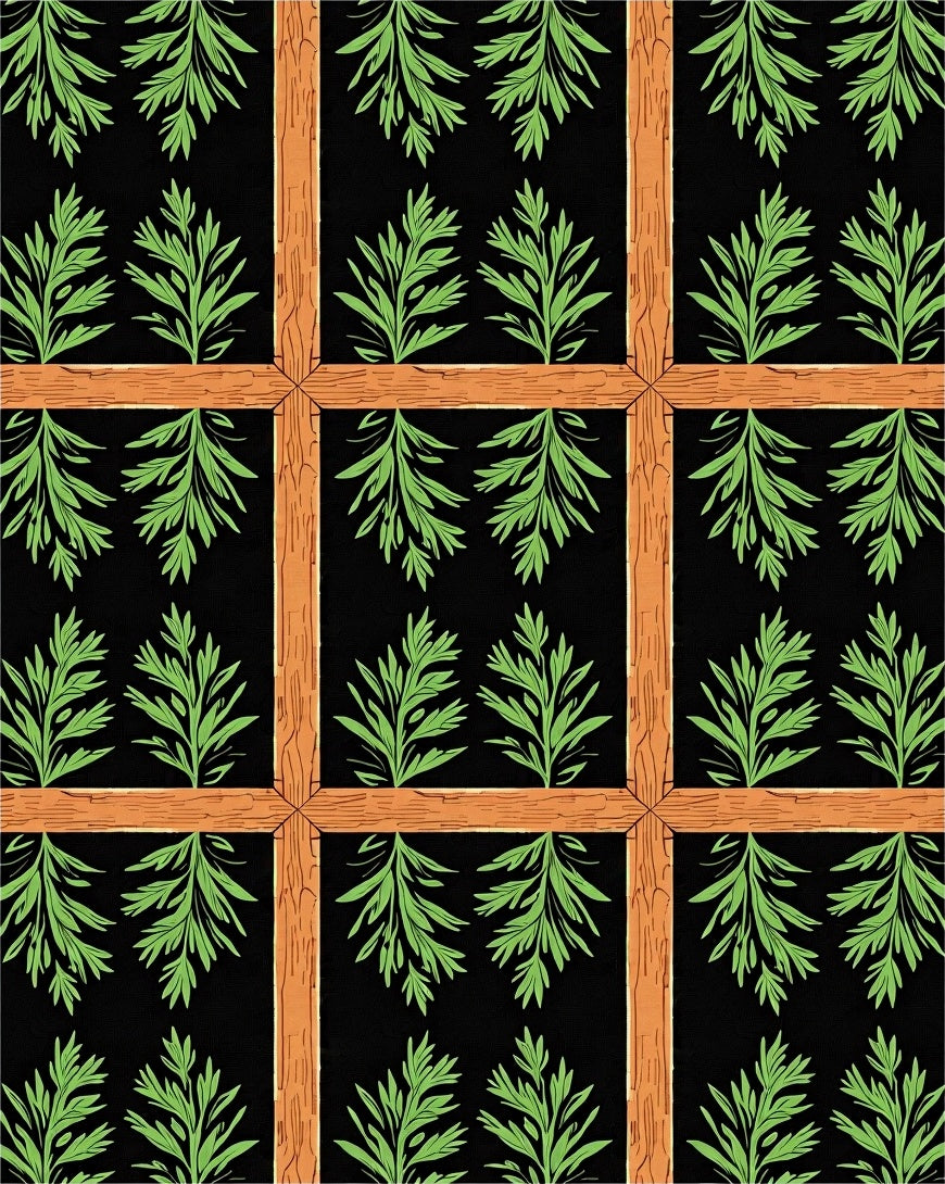 Black Wood Frame Green Foliage Rug