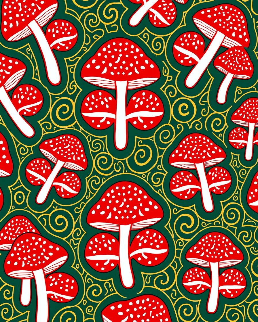 Red Mushroom Swirls Emerald Green Rug