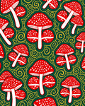 Red Mushroom Swirls Emerald Green Rug