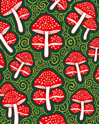 Red Mushroom Swirls Emerald Green Rug