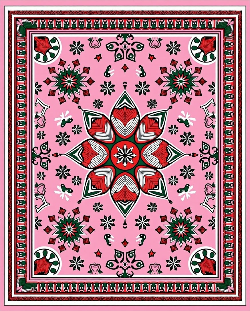 Pink Red Green Floral Medallion Rug