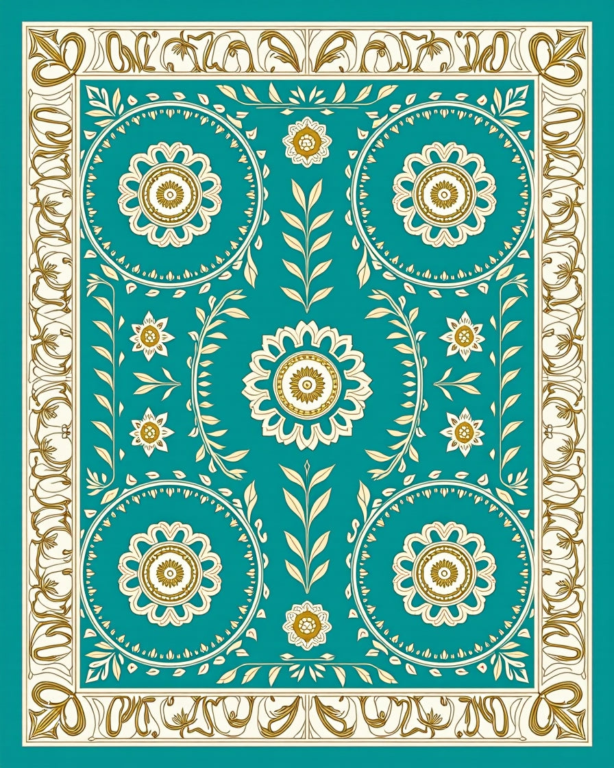 Teal Golden Floral Medallion Border Rug
