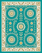 Teal Golden Floral Medallion Border Rug