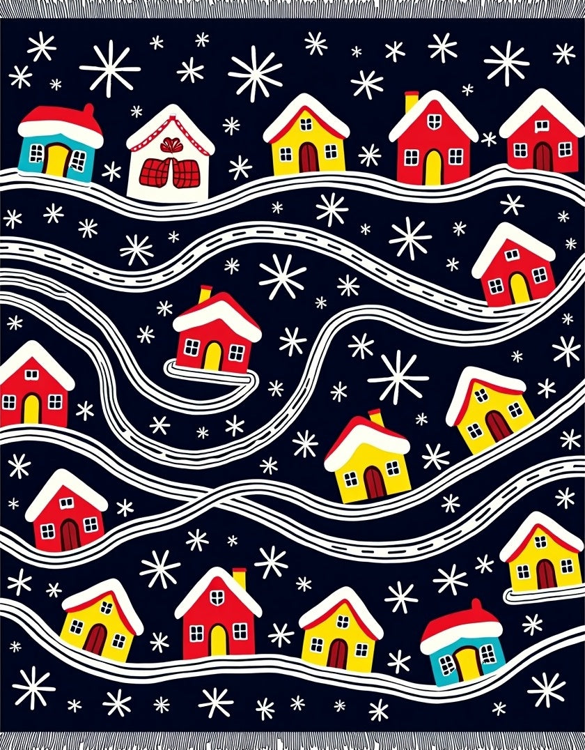Cozy Red Yellow Houses Snowflakes Rug