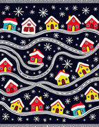 Cozy Red Yellow Houses Snowflakes Rug