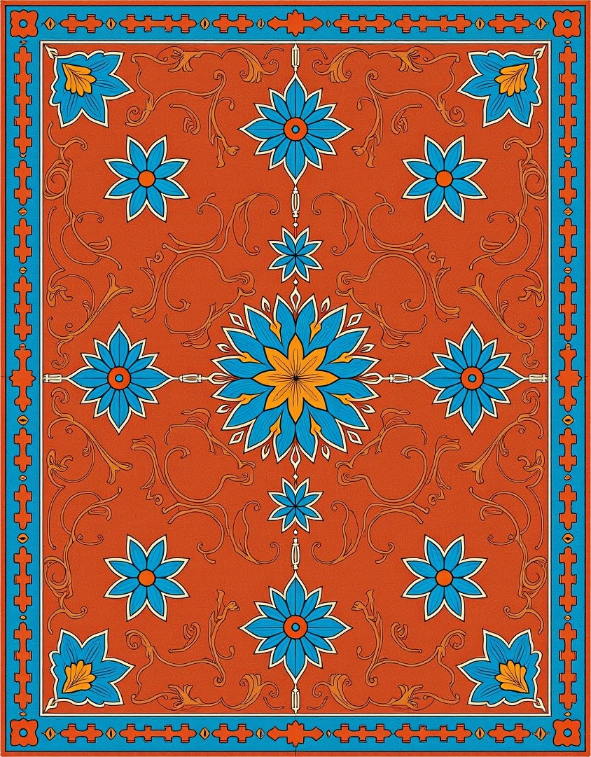 Crimson Orange Blue Floral Starburst Rug