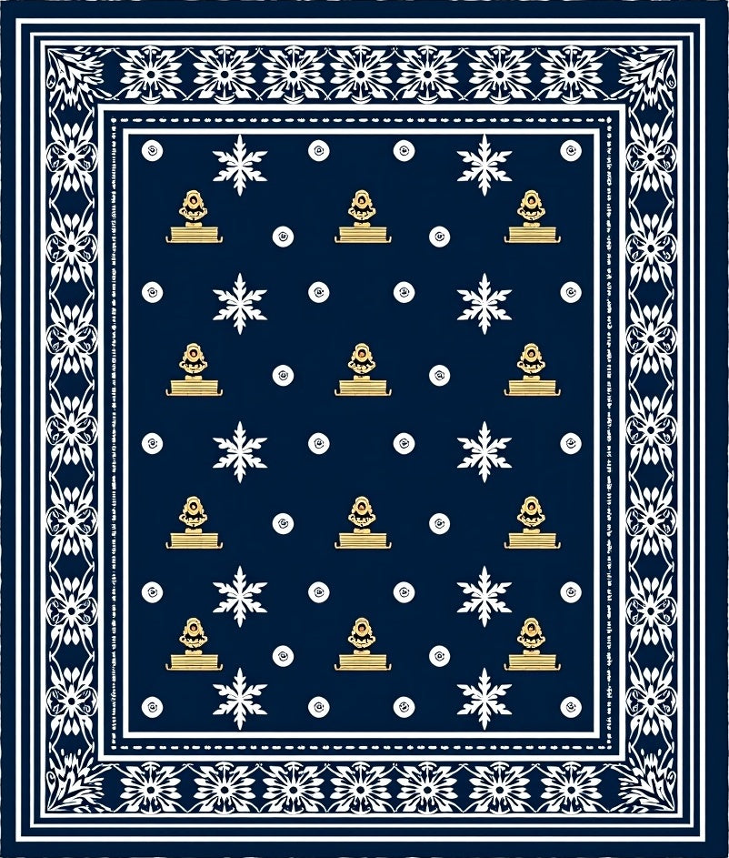 Navy Gold White Floral Border Geometric Rug