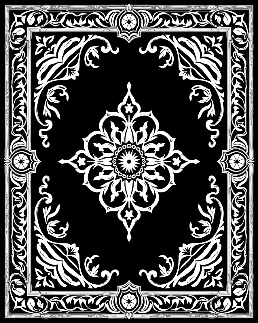 Black and White Ornate Medallion Scroll Rug