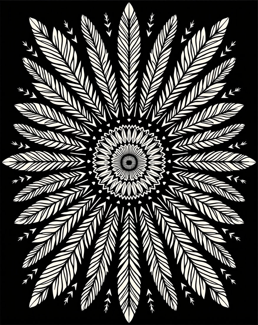 Black Cream Feather Mandala Radiance Rug