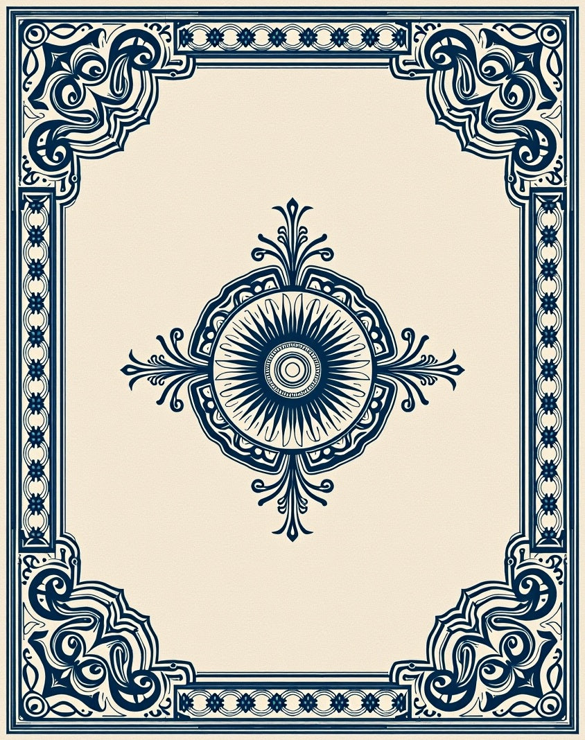 Dark Blue Intricate Floral Frame Rug