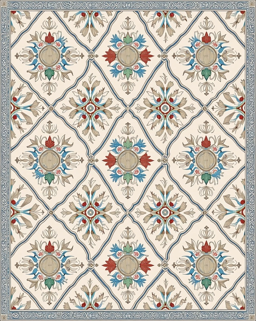 Cream Lattice Red Blue Garden Medallion Rug