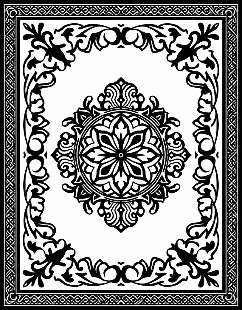 Classic Black Floral Medallion Border Rug