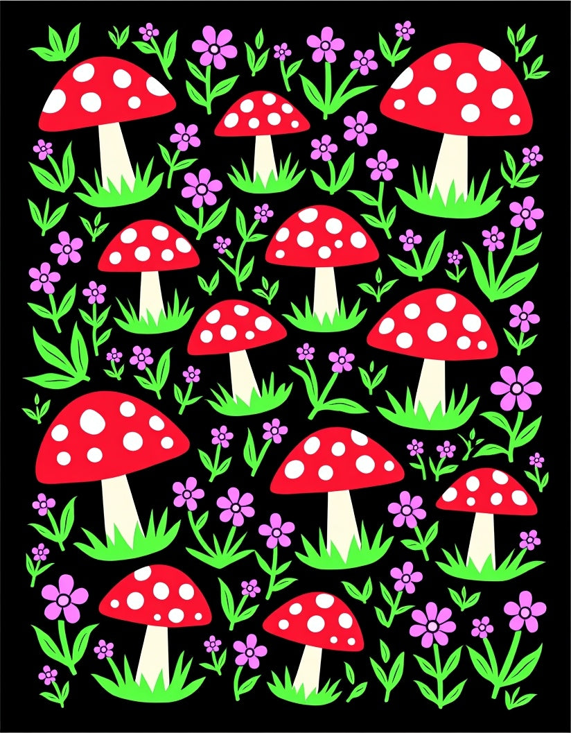 Whimsical Red Mushroom Floral Garden Rug