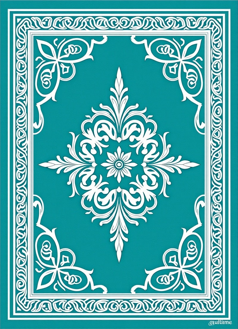 Teal White Floral Crested Frame Rug