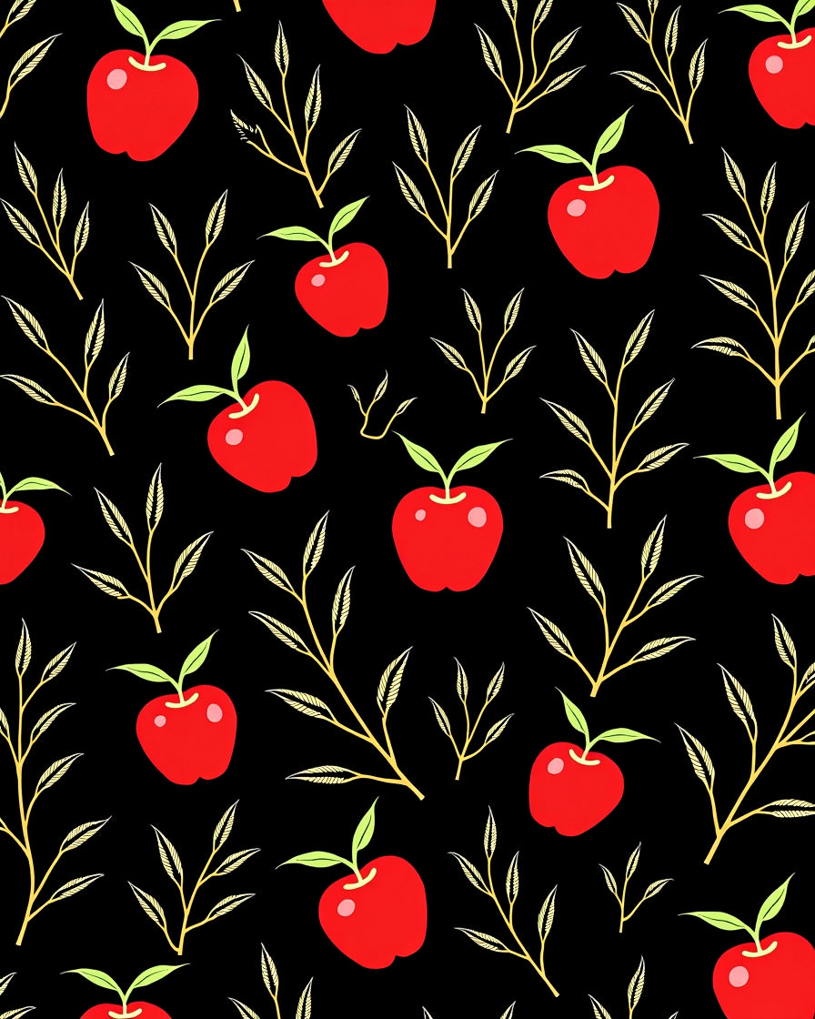 Red Apples and Golden Branches on Black Rug
