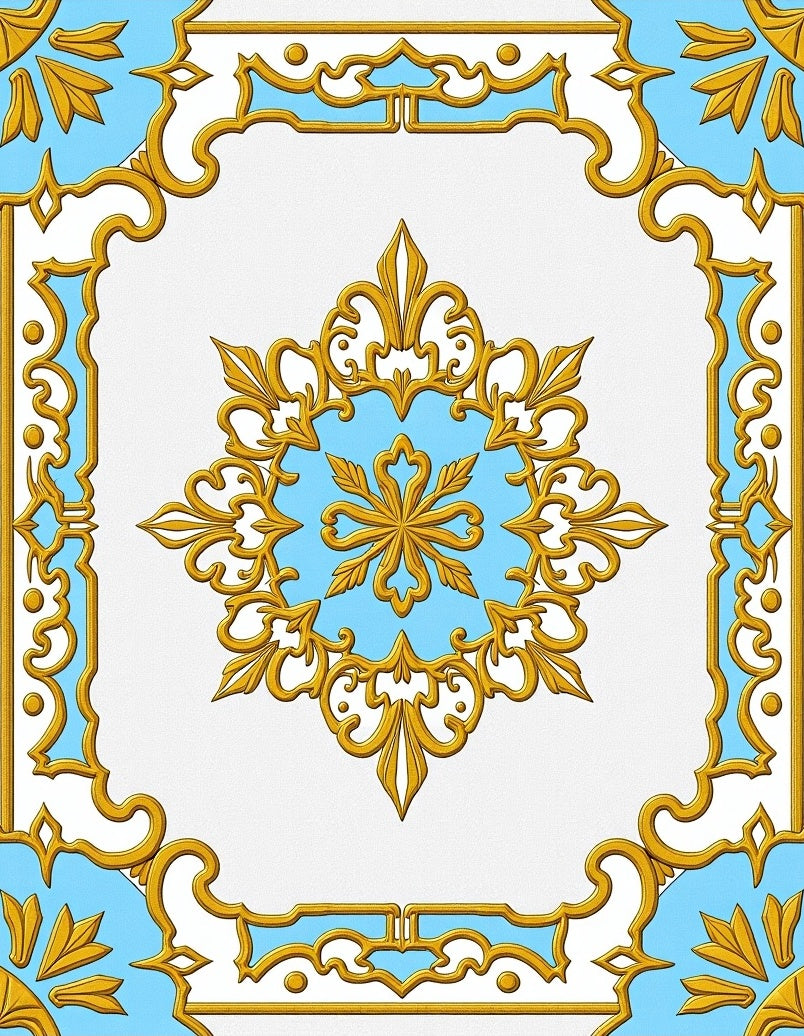 Ornate Gold Blue Medallion Frame Rug