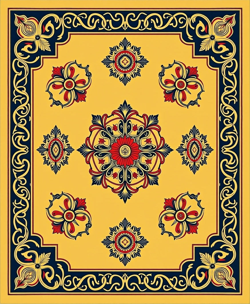 Golden Yellow Red Blue Floral Medallion Rug
