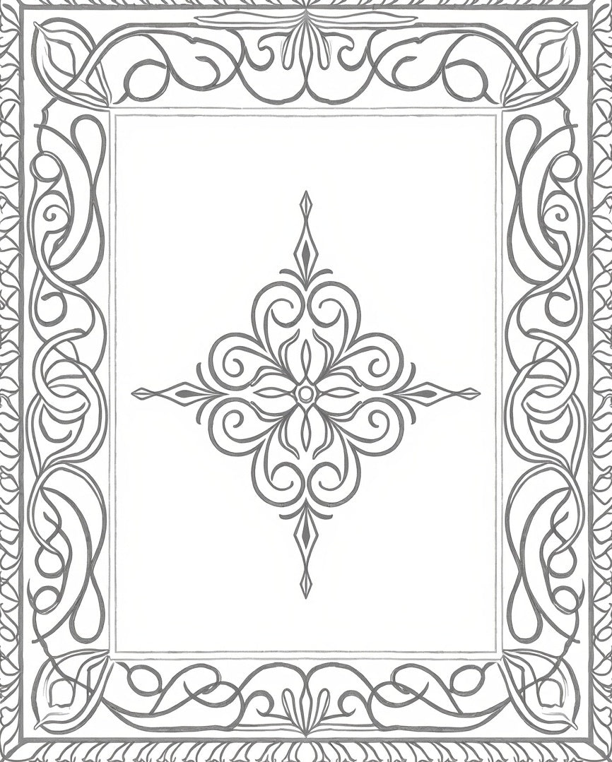 Ornate Gray Scrollwork Medallion Border Rug